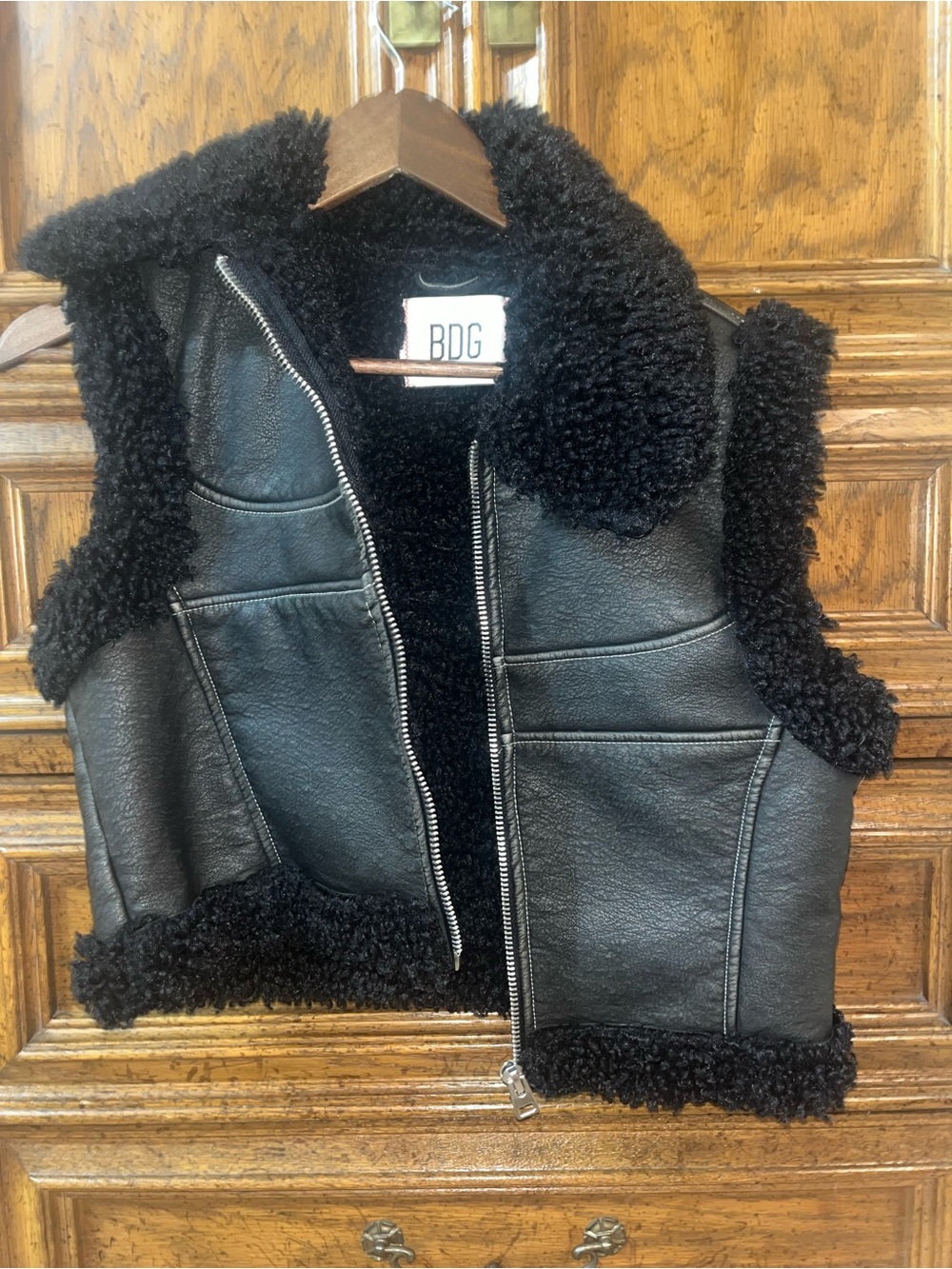BDG Black Faux Leather Sherpa-Lined Vest